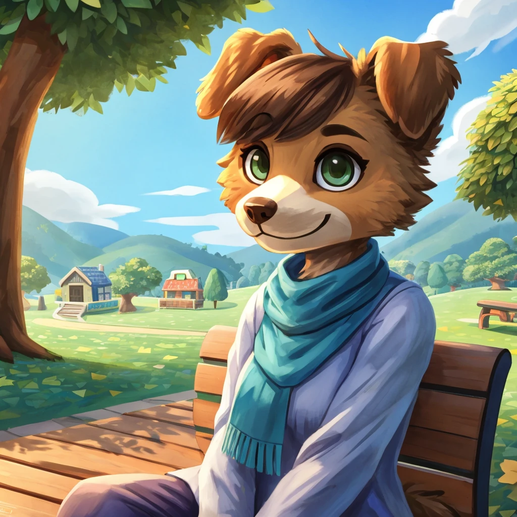 A medium close-up of an anthropomorphic, female dog with, brown-green eyes, short brown hair, casual clothes, short blue scarf, closed smile, high quality furry art, animal crossing style, she's seated on a bench in a park, hills and blue sky background.