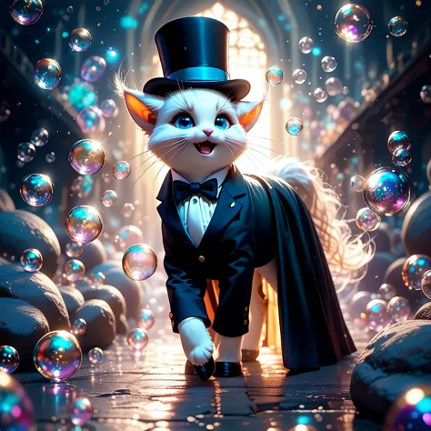 white furry cat with bright blue eyes, wearing a black suit with red buttons, white tie, top hat, holding a stick, leaning on a ...