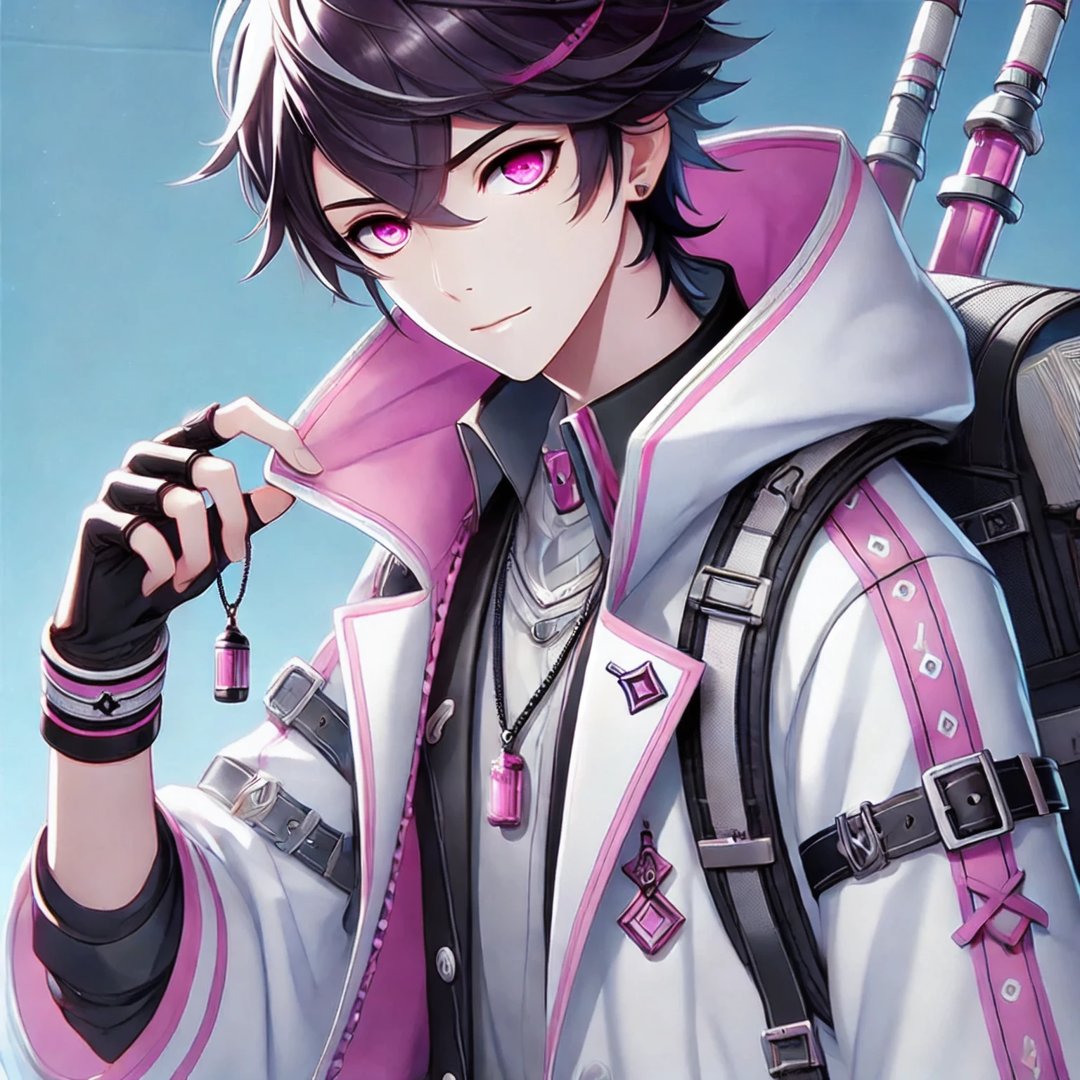 anime - style image of a man with a backpack and a pink jacket, keqing from genshin impact, key anime art, trigger anime artstyle, zhongli from genshin impact, detailed key anime art, handsome guy in demon slayer art, best anime 4k konachan wallpaper, male anime character, handsome anime pose, crisp clear rpg portrait, pokemon ball, pink hair