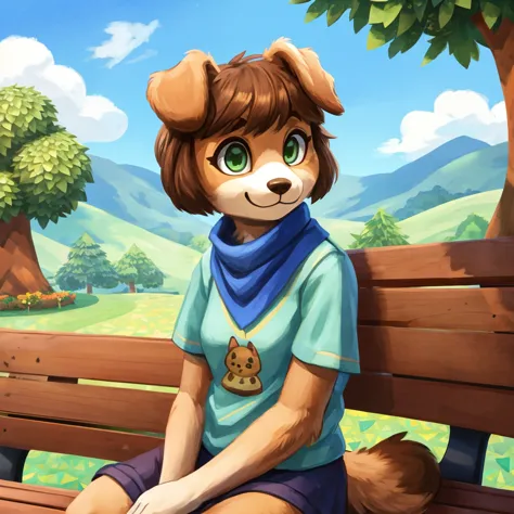 a medium close-up of an anthropomorphic, dog lady, brownish green eyes, medium-short brown hair, medium-short sleeves and casual...