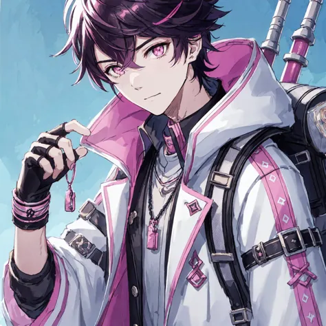 anime - style image of a man with a backpack and a pink jacket, keqing from genshin impact, key anime art, trigger anime artstyl...