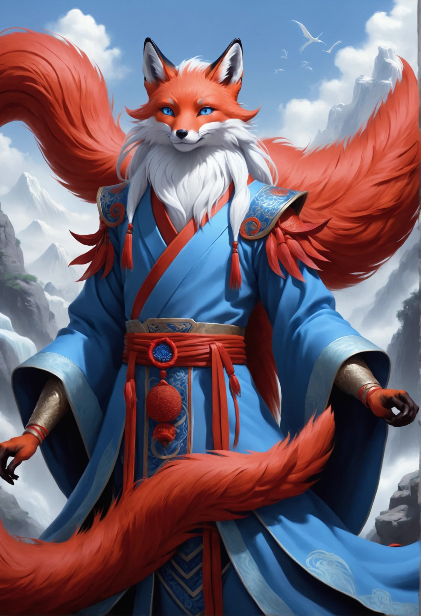 Zbrush style red and blue fashion paintings, Eastern style, soft realism and surrealism details, blue and sky blue tones, (a fox with only nine red tails and blue eyes), white hair, many furry red tails wrapped around, ancient Chinese mythical beasts, mountains and seas classics, fantasy,