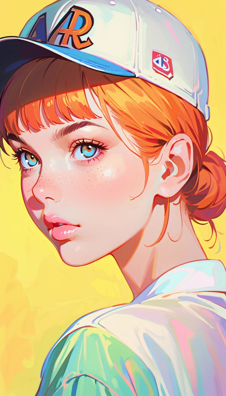 (masterpiece、Highest quality: 1.2)、1 girl、、Anime Style、redheaded、Pink Lips、Freckles、Baseball cap、Baseball Uniforms、In the style of a leading portraitist、Yellow background。Setting up to putt、