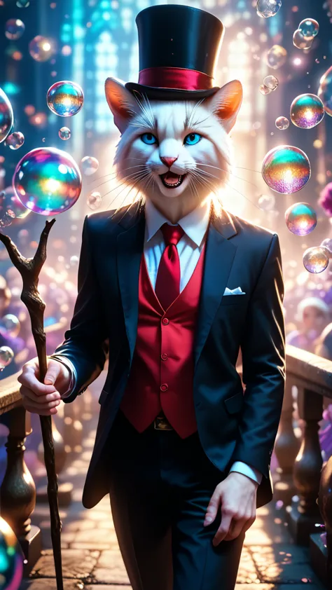 white furry cat with bright blue eyes, wearing a black suit with red buttons, white tie, top hat, holding a stick, leaning on a ...