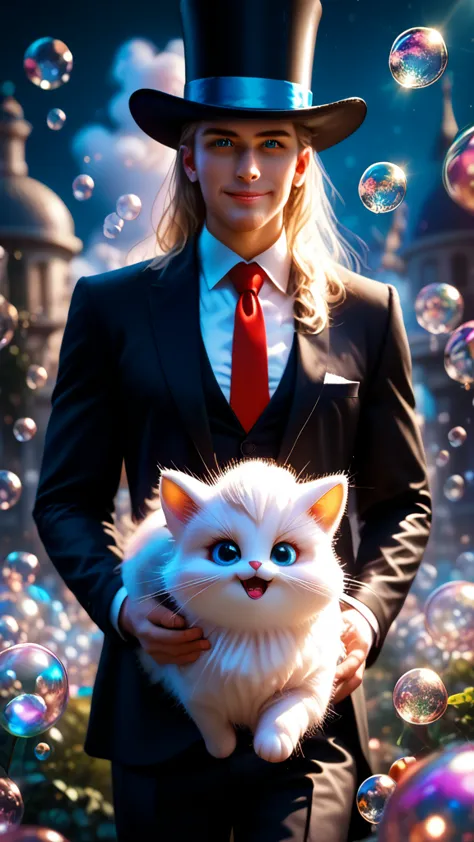 white furry cat with bright blue eyes, wearing a black suit with red buttons, white tie, top hat, holding a stick, leaning on a ...