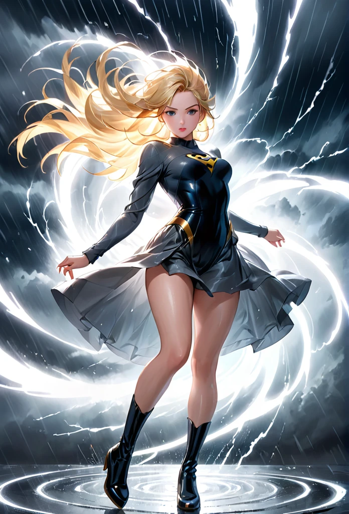 A girl in a gray sweater and black leotard, spinning and twirling, with blonde hair, superhero boots, in the midst of a swirling storm, alone with wind effects, legs exposed, spinning into a powerful storm, fast spinning motion, standing, time traveling, high legs, perfect hands and fingers, high-leg leotard, power-up, storm swirls, (best quality,4k,8k,highres,masterpiece:1.2),ultra-detailed,(realistic,photorealistic,photo-realistic:1.37),detailed eyes,detailed lips,extremely detailed eyes and face,long eyelashes,concept art,cinematic lighting,dramatic lighting,vibrant colors