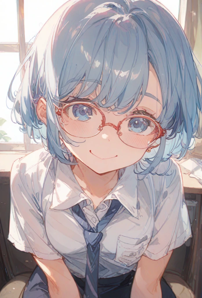 ((masterpiece、Best Quality))woman、Small breasts、cute、Idol、Light blue skirt、Light blue hair、Short Bob、Bright Blue Eyes、Blue Ribbon、smile、Red cheeks、Office Lady、Glasses、busy、secretary