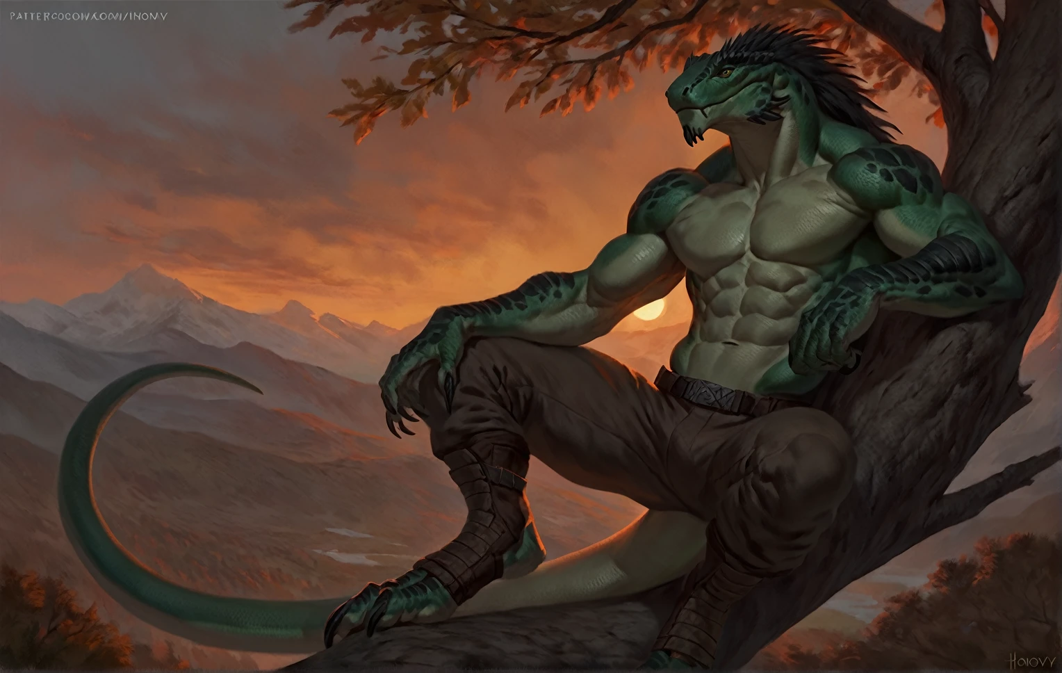 Muscular monster lizardfolk, solo, pants, mercenary, dark green body, black belly, full body, comicbook style, sitting on a tree, sunset, best quality, 4k, ultra-detailed, by laobai, by taran fiddler, by honovy