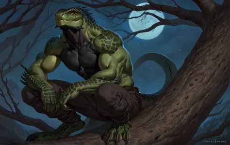 muscular monster lizardfolk, solo, pants, mercenary, dark green body, black belly, full body, comicbook style, sitting on a tree...