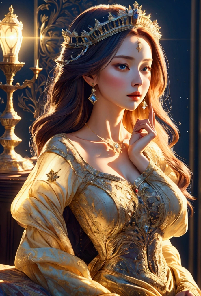 What would a Renaissance queen look like in a gorgeous dress?? (masterpiece:1.2), (illustration:1.1), (Best quality, 8k, HDR, wallpaper, Movie lighting, sharp focus).