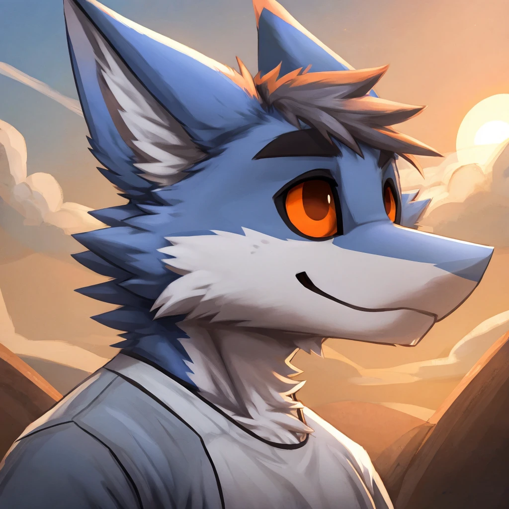 A medium close-up of an anthropomorphic, greyish blue colored fur dergal, short hair, orange eyes, bara furry, casual clothes, high quality furry art, chibi style.