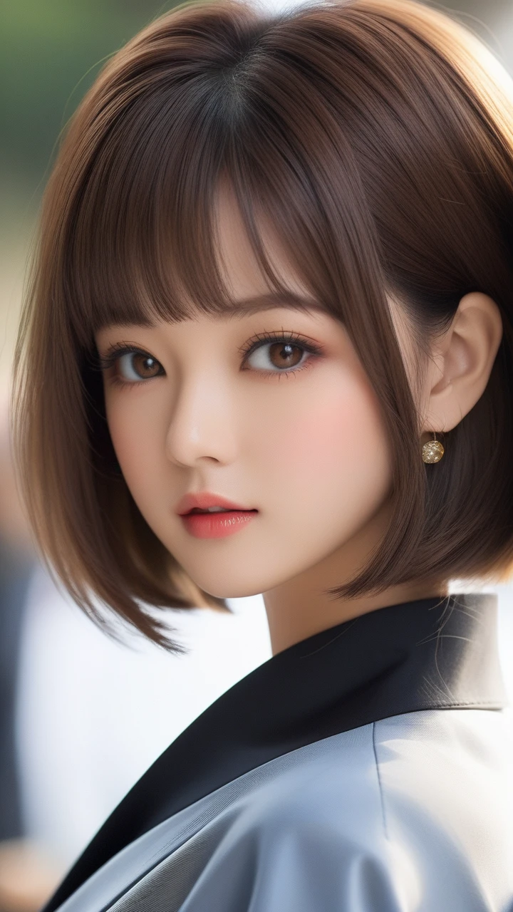 Highest quality　masterpiece　High resolution　masterpiece　Brown Bob　　Grey Eyes　blunt cut, Japanese girl 