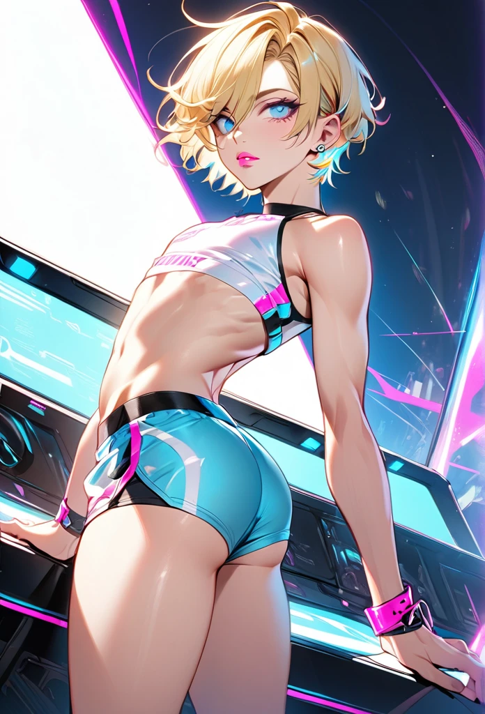 Male, with blond hair, with short hair, with light blue eyee, he is wearing booty shorts, he is flat chested like a man, he has pretty pink lips, he has pericings, he is wearing pink eyeshadow.