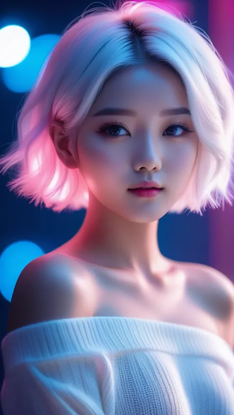 an attractive k-pop girl/model/idol with short white hair, wearing a white knitted off-shoulder top, posing for a photo, neon li...