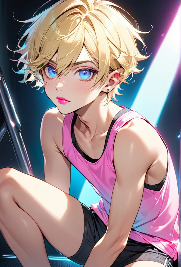 Male, with blond hair, with short hair, with light blue eyee, he is wearing booty shorts, he is wearing a tanktop, he is flat chested like a man, he has pretty pink lips, he has pericings, he is wearing pink eyeshadow.