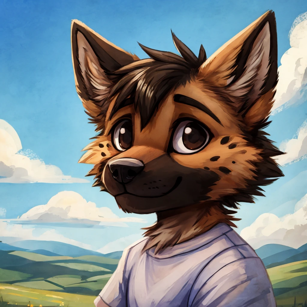 A medium close-up of an anthropomorphic, German shepherd dog, black short hair, dark brown colored eyes, casual clothes, hills and bright blue sky background, high quality furry art, chibi style.