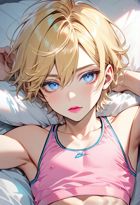 male, with blond hair, with short hair, with light blue eyee, he is wearing boxers, with a pink crop top on, he is laying down o...