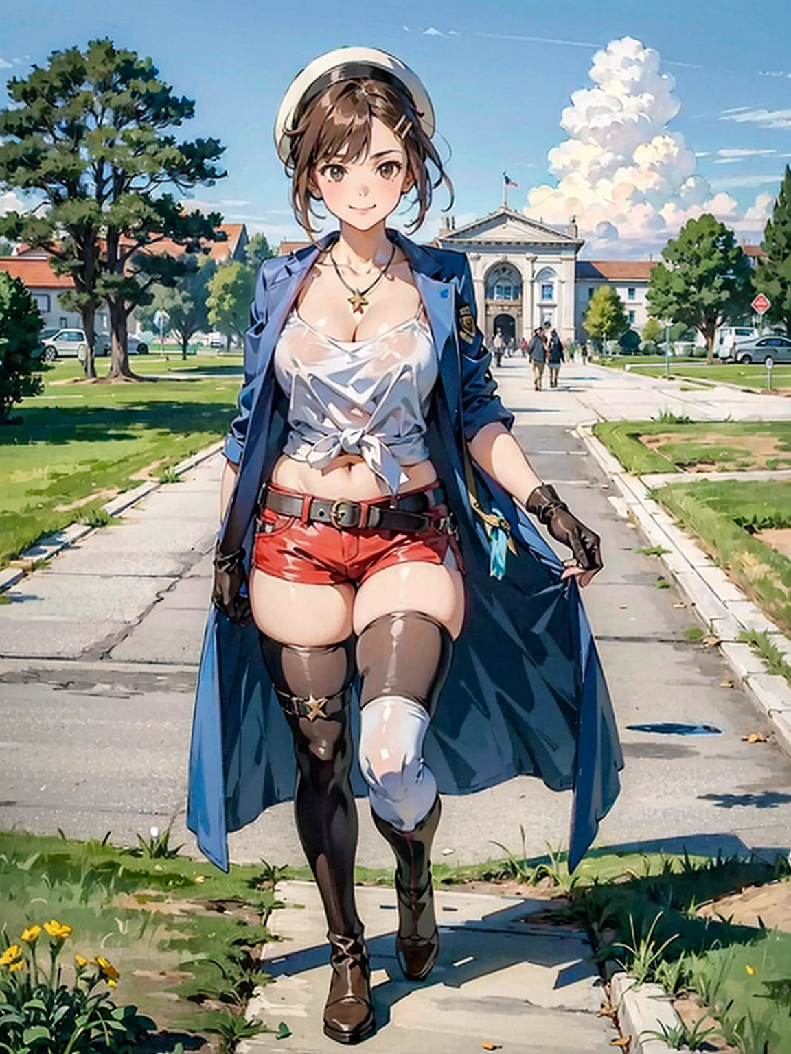 masterpiece、Best Quality、8k、Ultra-high resolution、Extremely clear drawing、Official Art、Liza, One Girl, Red shorts, gloves, Belt Bag, Head Ribbon, Brown Hair, ( Thick thighs), Bridal Legwear, necklace, Brown eyes, Hair Clip, 星 necklace, Closed-toe footwear, leather, White Cap, Long boots, Short Hair, Thick thighs, jacket, navel,, ノースリーブjacket, clavicle, 黄色のjacket, Cleavage, Large Breasts, A powerful smile、Fantastic grassland、Blue Sky、Stone Building
