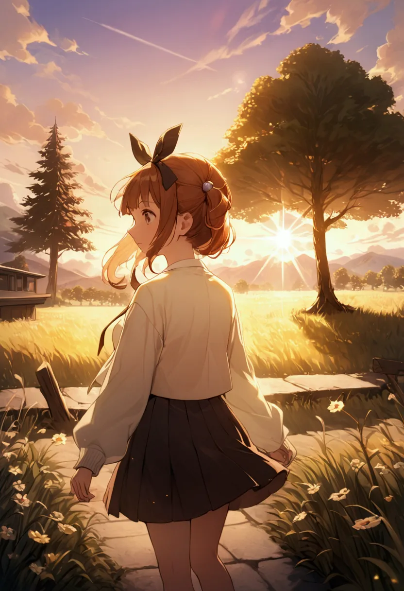 sally acorn, one girl, alone, tree, null, outdoor, skirt, cloud, brown, hair, sunset, lens, flare, scenery, school, uniform, sun...