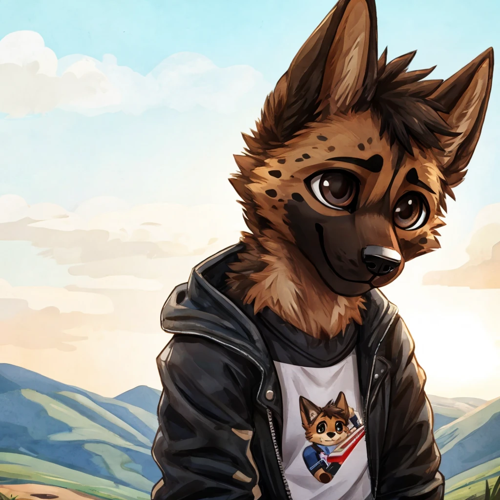 A medium close-up of an anthropomorphic, bright brown fur, german shepherd dog, black short hair, dark brown colored eyes, casual motorcycle clothes, hills and bright blue sky background, high quality furry art, chibi style.