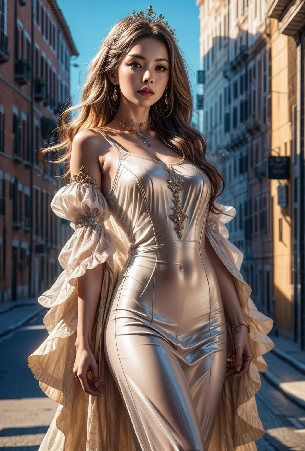 What would a Renaissance queen look like in a gorgeous dress?? (masterpiece:1.2), (illustration:1.1), (Best quality, 8k, HDR, wallpaper, Movie lighting, sharp focus).