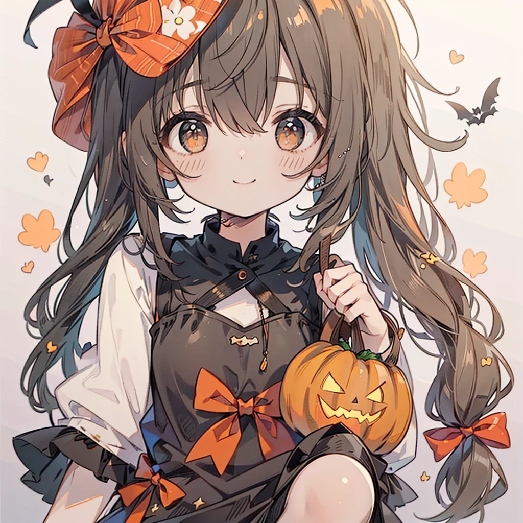 One girl、Perfect Anatomy、(((Super fine、Best Quality、masterpiece)))、Original cute hairstyle、Trick or Treat、Orange and original cute costume、Halloween、Orange and black palette、Happy smile、