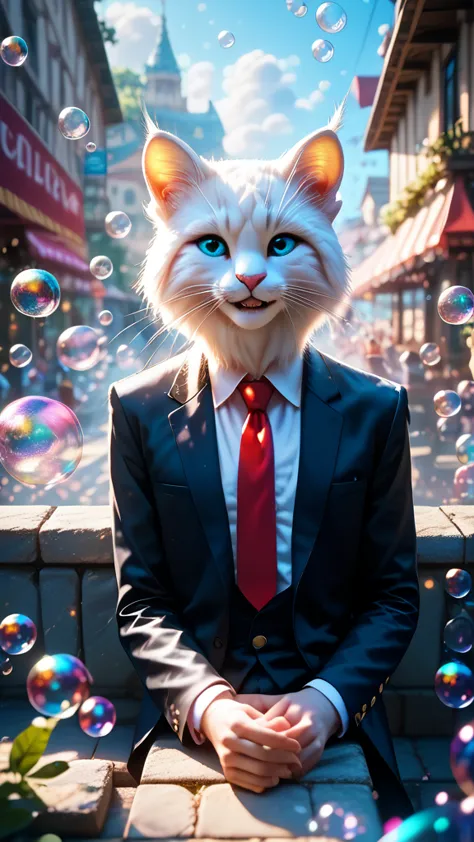 white fur cat with bright blue eyes, wearing a black suit with red buttons, white tie, leaning against a small stone fence, look...