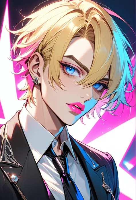 male, with blond hair, with short hair, with light blue eyee, he is wearing a mafia outfit, he is flat chested like a man, he ha...