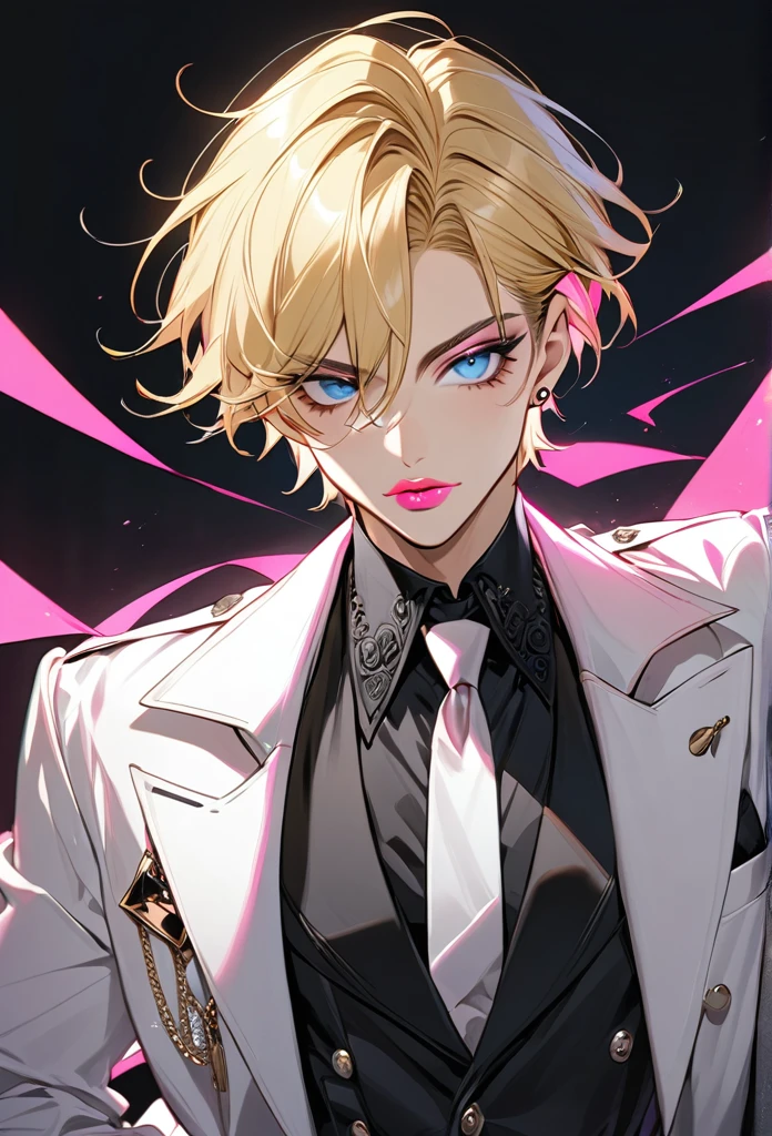 Male, with blond hair, with short hair, with light blue eyee, he is wearing a mafia outfit, he is flat chested like a man, he has pretty pink lips, he has pericings, he is wearing pink eyeshadow.