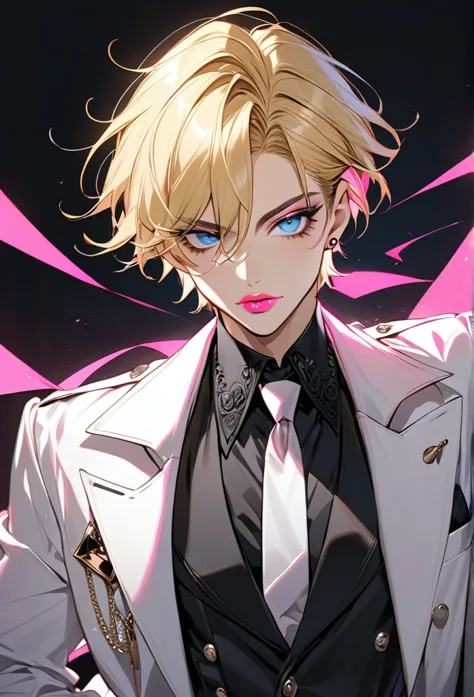 male, with blond hair, with short hair, with light blue eyee, he is wearing a mafia outfit, he is flat chested like a man, he ha...