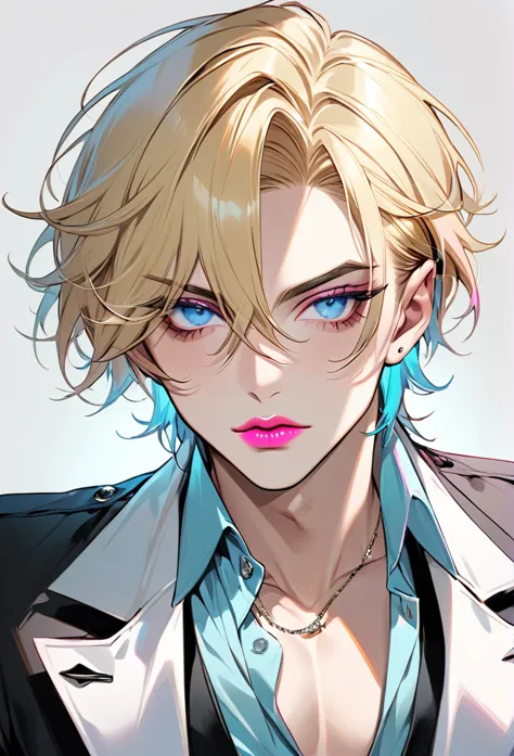 male, with blond hair, with short hair, with light blue eyee, he is wearing a mafia outfit, he is flat chested like a man, he ha...