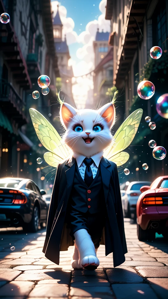 White fur cat with bright blue eyes, wearing a black suit with red buttons, white tie, Leaning against a small stone fence, Looking at the viewer With a flirtatious smile, Sweet floral scent spreads throughout the painting, Bubbles flying up peak, Fairies and wonderful images, sunny day, Soft clouds, Warm air, dream bubbles, Shadow game, bright colors, masterpiece, full details, Shine, Shadow game dark, Maximum quality, Score_9, Score_8_up, Score_7_up, dramatic lighting, high detail, high budget, bokeh , Cinema lens, glamor, epic, gorgeous, film grain, grainy , masterpiece, best quality, anatomically perfect, very aesthetic, formal art, 8k, Fantasy, fantasy, Drive a car 