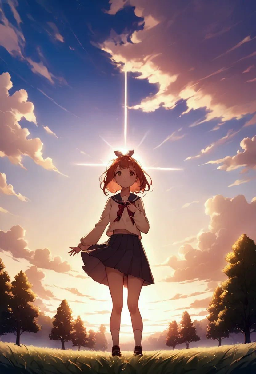 sally acorn, one girl, alone, tree, null, outdoor, skirt, cloud, brown, hair, sunset, lens, flare, scenery, school, uniform, sun...