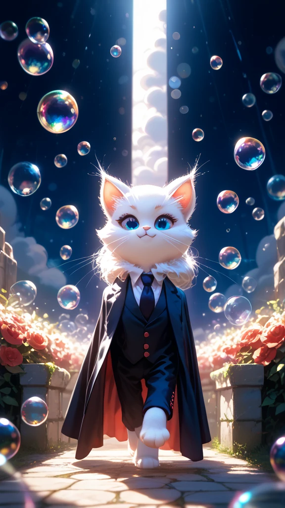 White fur cat with bright blue eyes, wearing a black suit with red buttons, white tie, Leaning against a small stone fence, Looking at the viewer With a flirtatious smile, Sweet floral scent spreads throughout the painting, Bubbles flying up peak, Fairies and wonderful images, sunny day, Soft clouds, Warm air, dream bubbles, Shadow game, bright colors, masterpiece, full details, Shine, Shadow game dark, Maximum quality, Score_9, Score_8_up, Score_7_up, dramatic lighting, high detail, high budget, bokeh , Cinema lens, glamor, epic, gorgeous, film grain, grainy , masterpiece, best quality, anatomically perfect, very aesthetic, formal art, 8k,