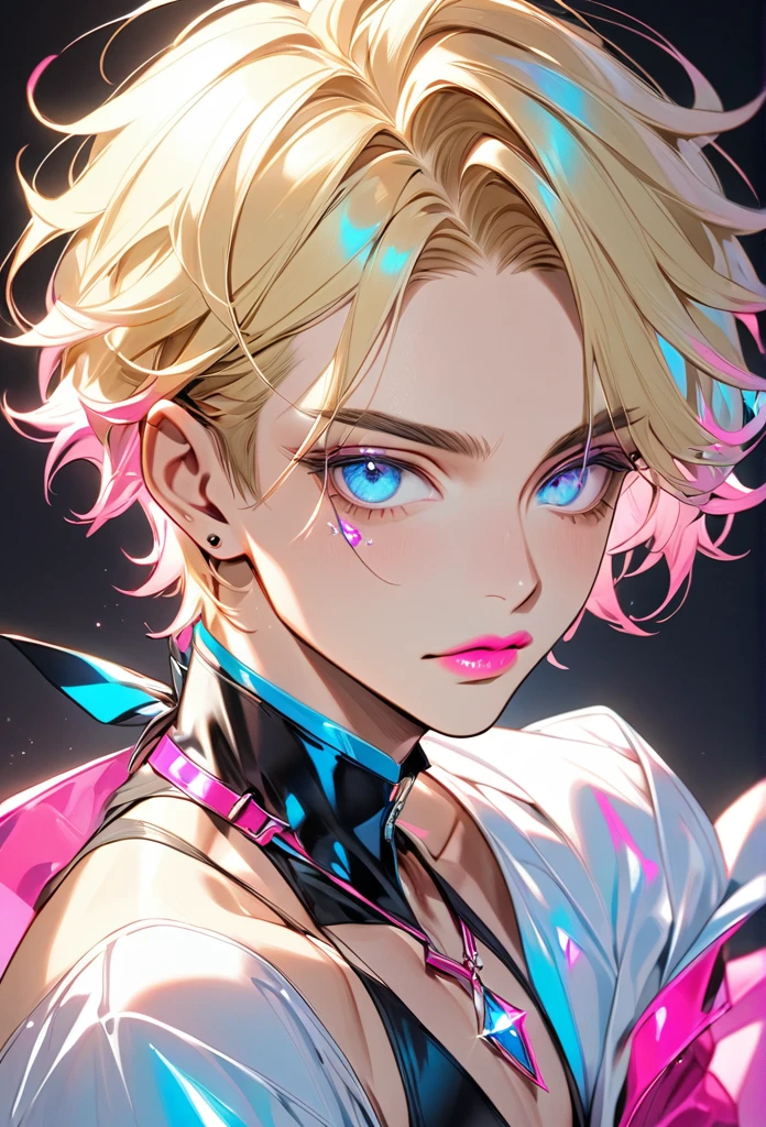 Male, with blond hair, with short hair, with light blue eyee, he is wearing a sexy outfit, he is flat chested like a man, he has pretty pink lips, he has pericings, he is wearing pink eyeshadow.