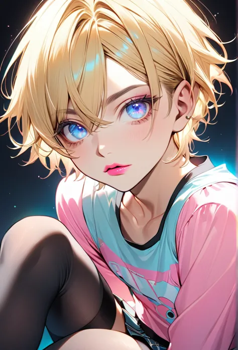 male, with blond hair, with short hair, with light blue eyee, he is wearing a pink pretty top, with a skirt, with thigh highs, h...