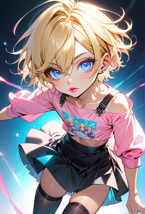 male, with blond hair, with short hair, with light blue eyee, he is wearing a pink pretty top, with a skirt, with thigh highs, h...