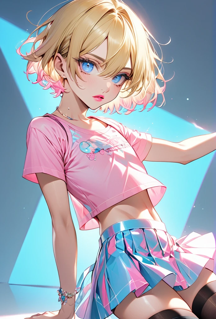 Male, with blond hair, with short hair, with light blue eyee, he is wearing a pink pretty top, with a skirt, with thigh highs, he is flat chested like a man, he has pretty pink lips, he has pericings, he is wearing pink eyeshadow.