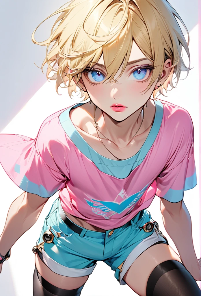 Male, with blond hair, with short hair, with light blue eyee, he is wearing a pink pretty top, with a shorts, with thigh highs, he is flat chested like a man, he has pretty pink lips, he has pericings, he is wearing pink eyeshadow.