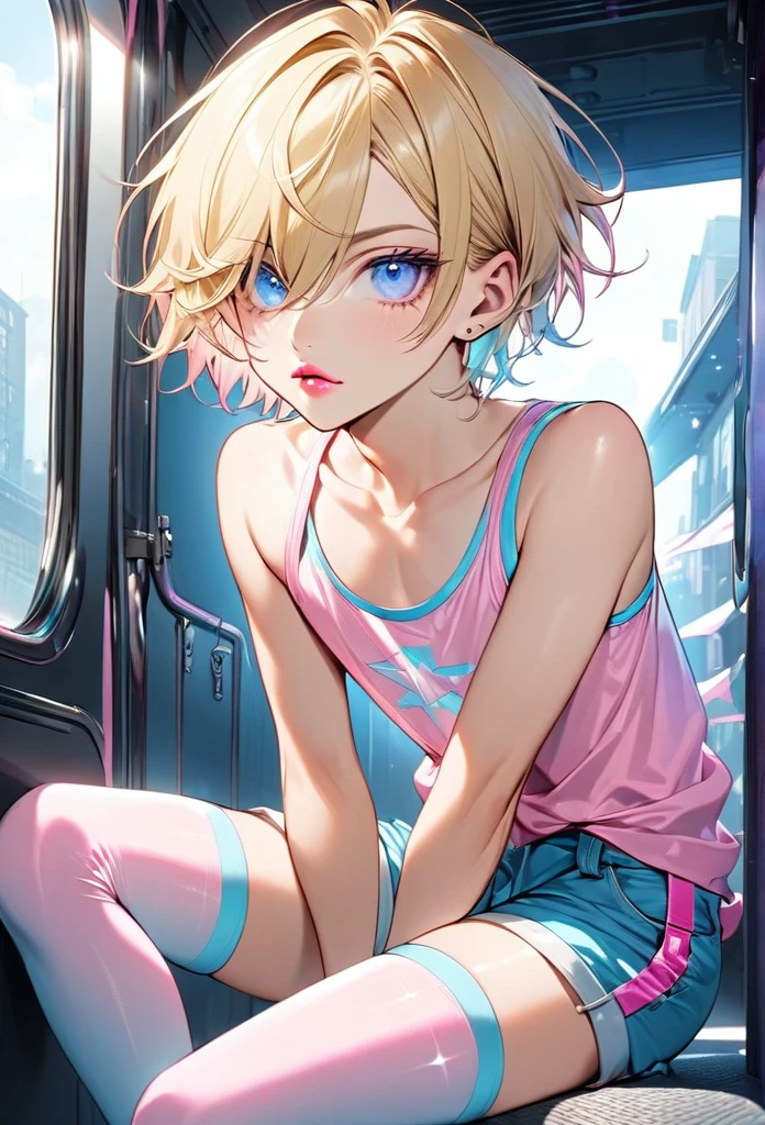 Male, with blond hair, with short hair, with light blue eyee, he is wearing a pink pretty top, with a shorts, with thigh highs, he is flat chested like a man, he has pretty pink lips, he has pericings, he is wearing pink eyeshadow.