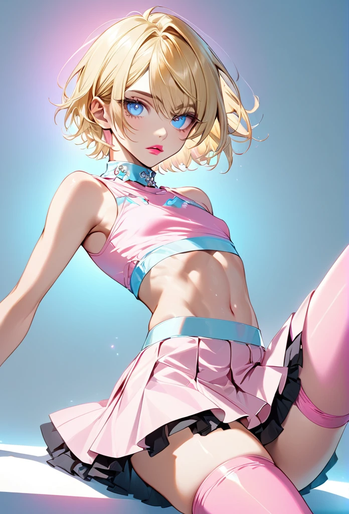 Male, with blond hair, with short hair, with light blue eyee, he is wearing a pink pretty top, with a skirt, with thigh highs, he is flat chested like a man, he has pretty pink lips, he has pericings, he is wearing pink eyeshadow.