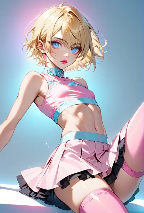 male, with blond hair, with short hair, with light blue eyee, he is wearing a pink pretty top, with a skirt, with thigh highs, h...