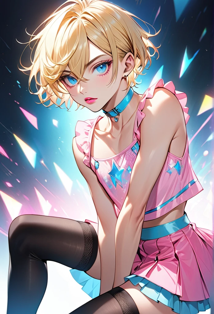 Male, with blond hair, with short hair, with light blue eyee, he is wearing a pink pretty top, with a skirt, with thigh highs, he is flat chested like a man, he has pretty pink lips, he has pericings, he is wearing pink eyeshadow.