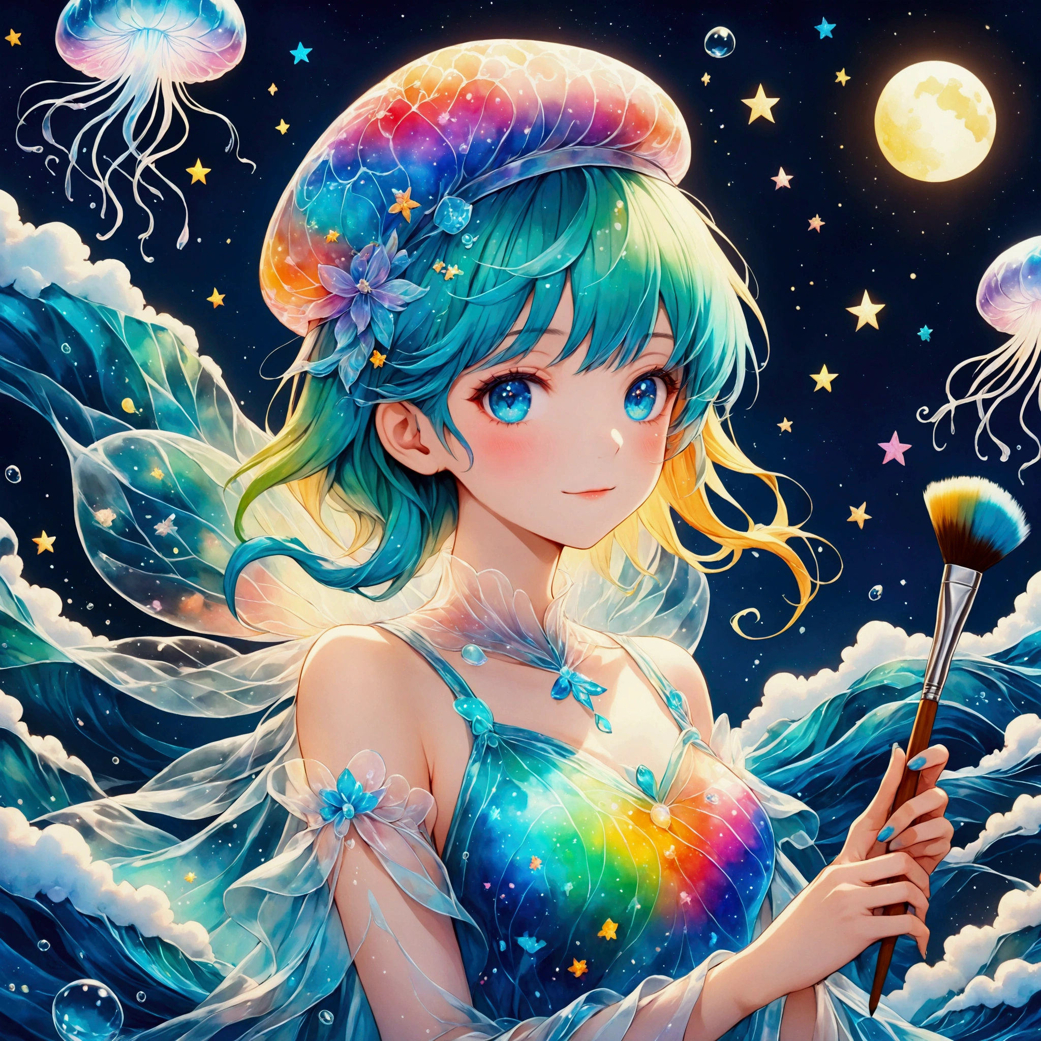 A small sea fairy with a transparent blue body resembling a water droplet, delicate jellyfish-like wings on its back, and a stylish artist's beret on its head. The fairy is holding a paintbrush in its hand, flying through the air, and using the waves and wind of the sea to paint. Surrounded by soft sea foam and gentle breezes, the character radiates creativity and joy. The atmosphere is whimsical and artistic, with warm, friendly expressions that emphasize the fairy's role as a cheerful and imaginative mascot. The scene captures a light and playful mood, with a focus on the fairy's beret and artistic tools.,Anatomically correct,colorful,colorfulな呪文を唱える,magic,Colorful,Absurdly beautiful,Transparency,Bioluminescent Dress,Flying Jellyfish,Water Drop,break,(Structurally correct paintbrush,Brush strokes)