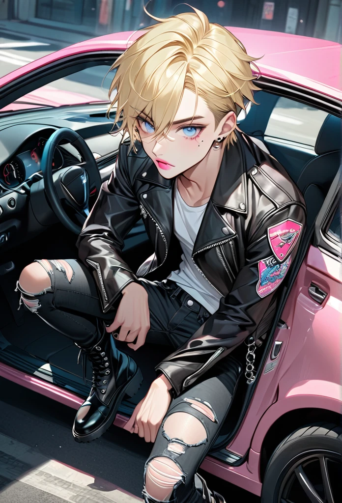 Male, with blond hair, with short hair, with light blue eyee, he is wearing a leather jacket, with a car, with black ripped jeans, with combat boots, with thigh highs, he is flat chested like a man, he has pretty pink lips, he has pericings, he is wearing pink eyeshadow.