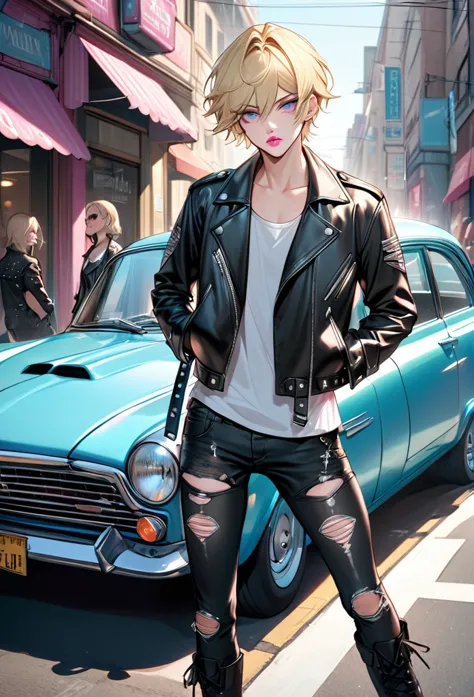 male, with blond hair, with short hair, with light blue eyee, he is wearing a leather jacket, with a car, with black ripped jean...