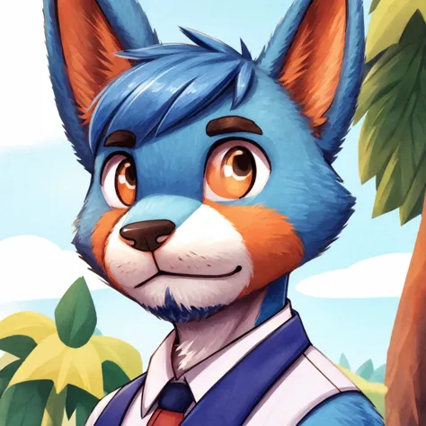 a close-up of an anthropomorphic male bunny, blue short hair, short beard, brown and orange polo shirt, high quality furry art, ...