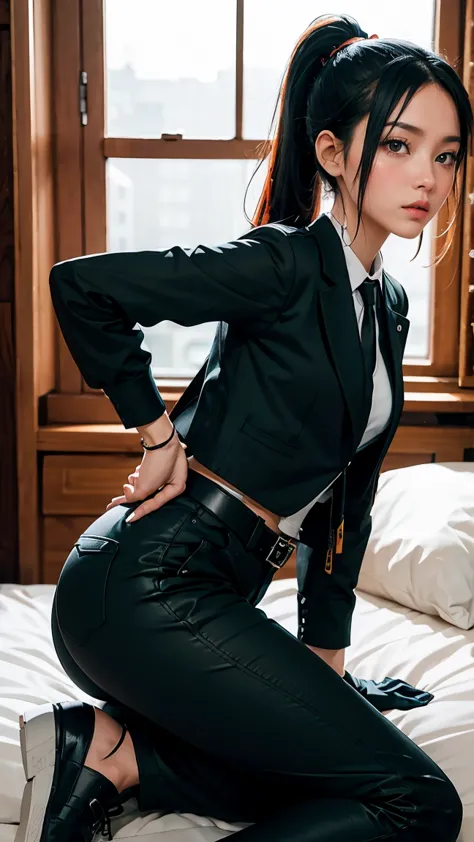 zhu yuan naughty pose at bedroom grab gun, orange eyes, black hair, long hair, streaked hair, ponytail metal hairband, police un...