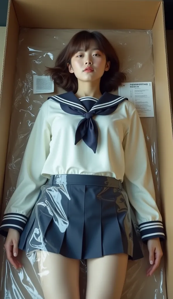 Cute Japanese women, , Sharp Focus, She comes in a life-sized cardboard box, She&#39;s in a life-sized plastic bag:1.6, operating instructions, power cable, from above:1.6, lying on back:1.8, Height: 160cm, Sailor uniforms from famous Tokyo Metropolitan High Schools, uniform, Long sleeve sailor suit:1.21, sera fuku:1.21, Navy blue pleated mini skirt, Brown Hair, Fluffy bob cut hair, Mattress Vacuum Storage Bag, Vacuum Packing, asphyxia, Remove the air from the bag:1.5, Transparent, Blurred, Nose covered by plastic bag, Mouth covered with plastic bag, Head covered with a plastic bag, Chest covered with plastic bag, Reflective hand creases in plastic bags, Cover the whole body:1.5, Plastic bags conform to the shape of your body:1.5, There is no air, difficulty breathing, 