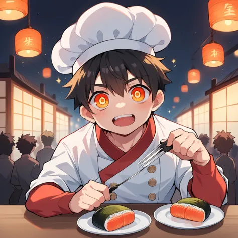 a chibi anime-style illustration of a 3 japanese man, dressed as a sushi chef. he wears a red shirt, white chef hat, with a play...